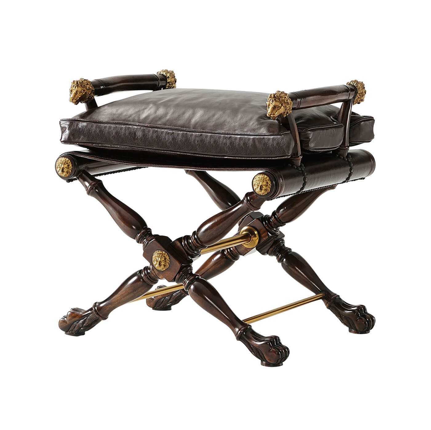 Regency mahogany stool angled view with cushion and details.