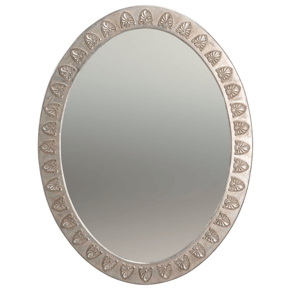 Oval mirror with decorative leaf border design.