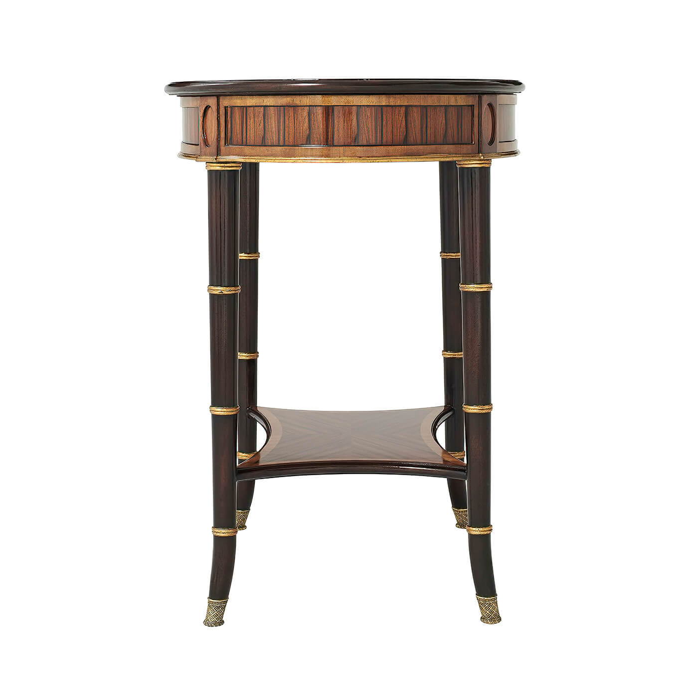 Regency oval side table, side view, decorative elements visible.