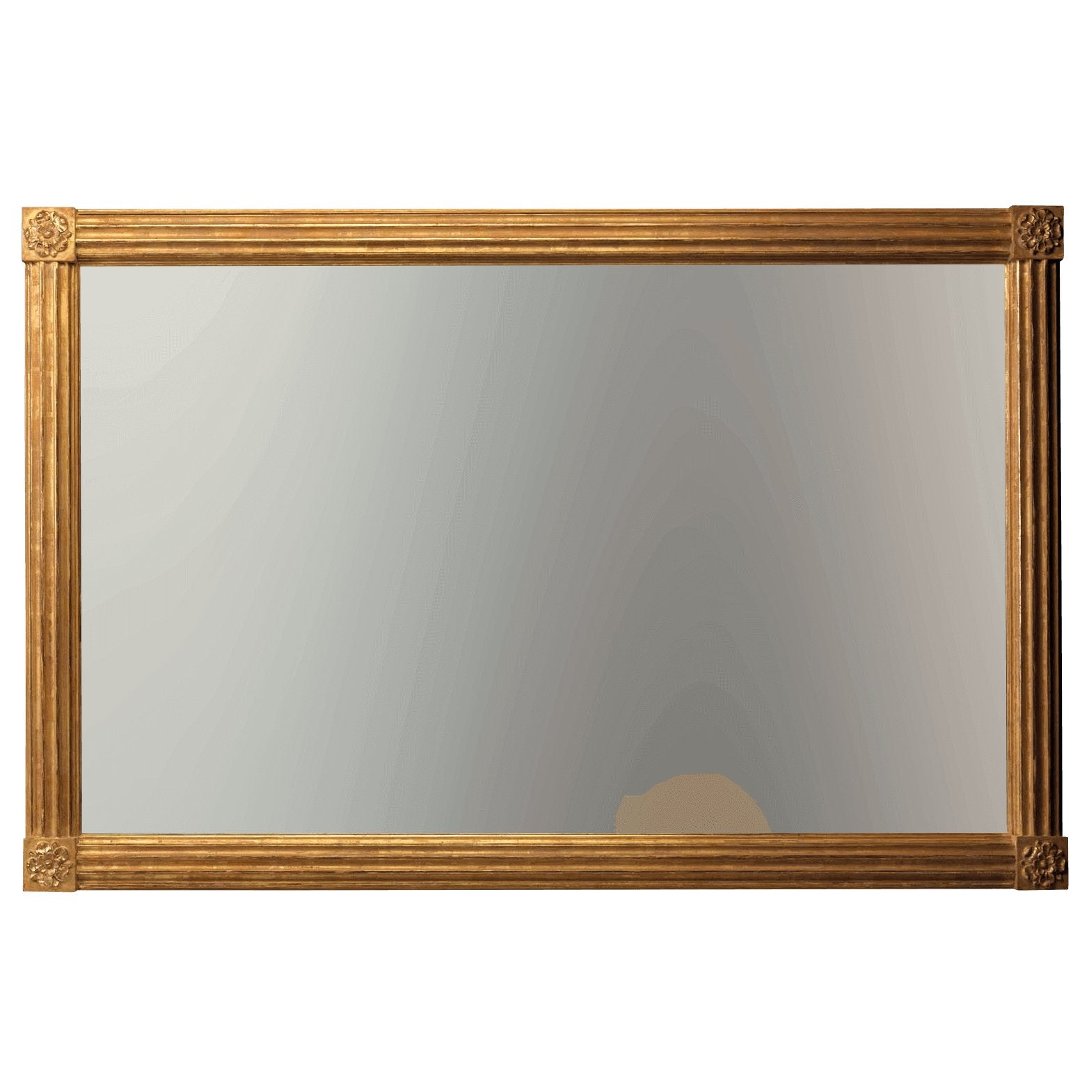 Gold-framed rectangular Regency overmantle mirror, decorative corners.