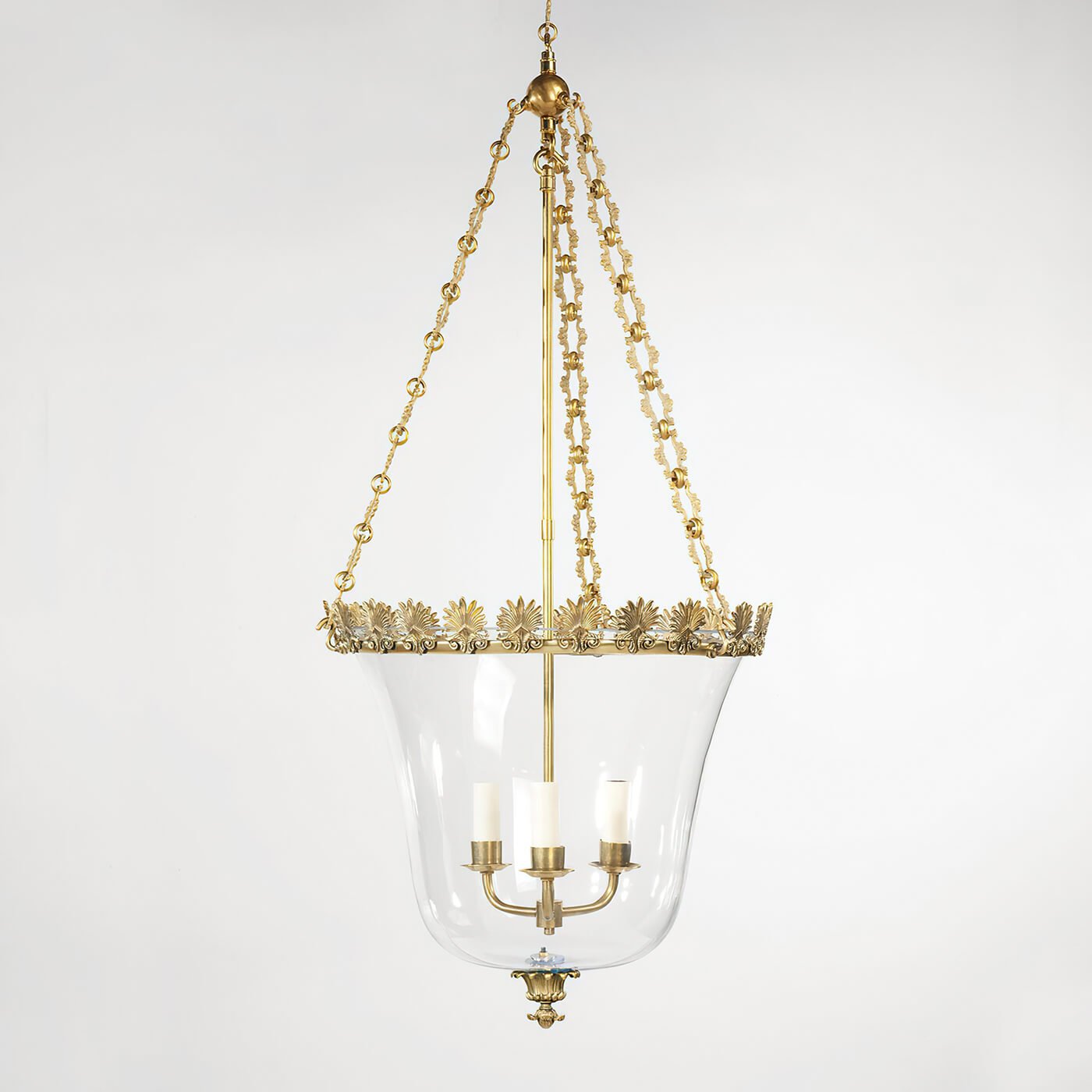 Regency Palmette Cloche Lantern, brass chains and glass fixture