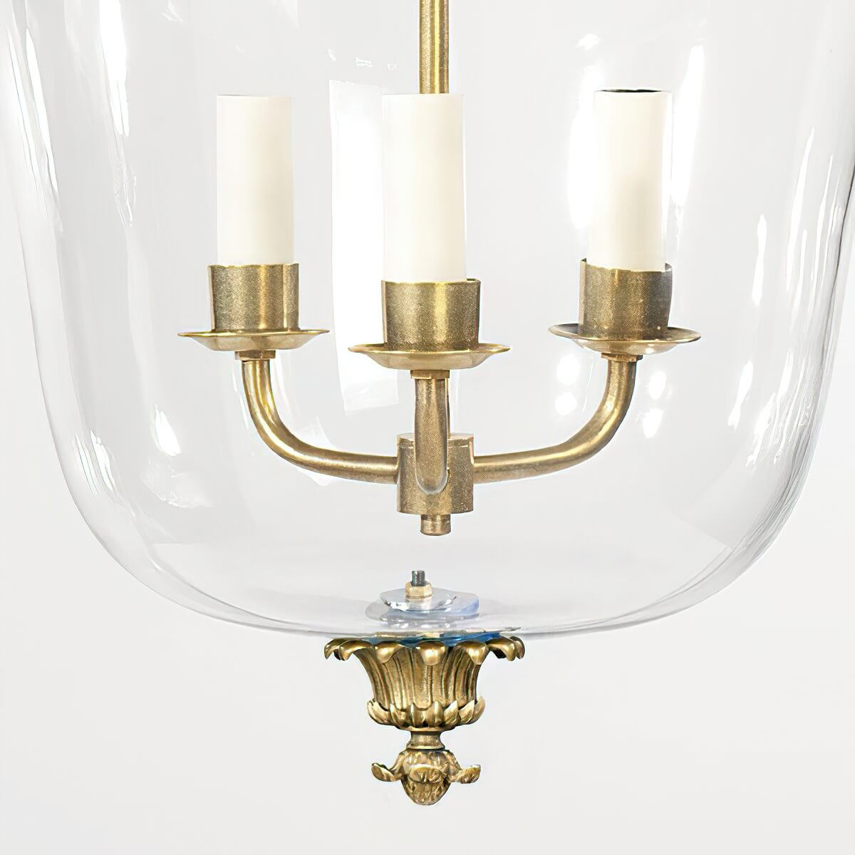 Three-light setup of Regency Palmette Cloche Lantern, glass enclosure