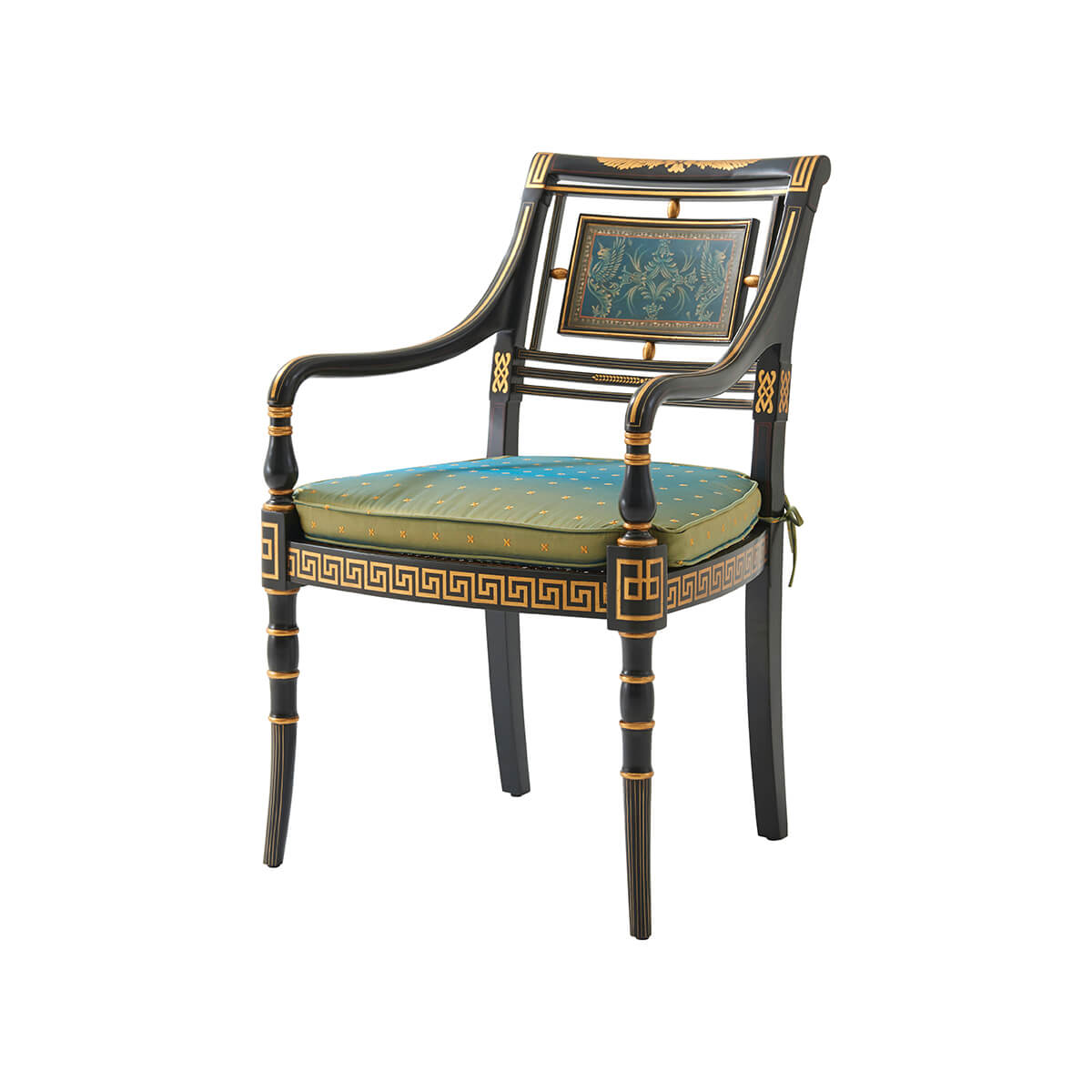 Front view of Regency parcel gilt armchair with cushion.