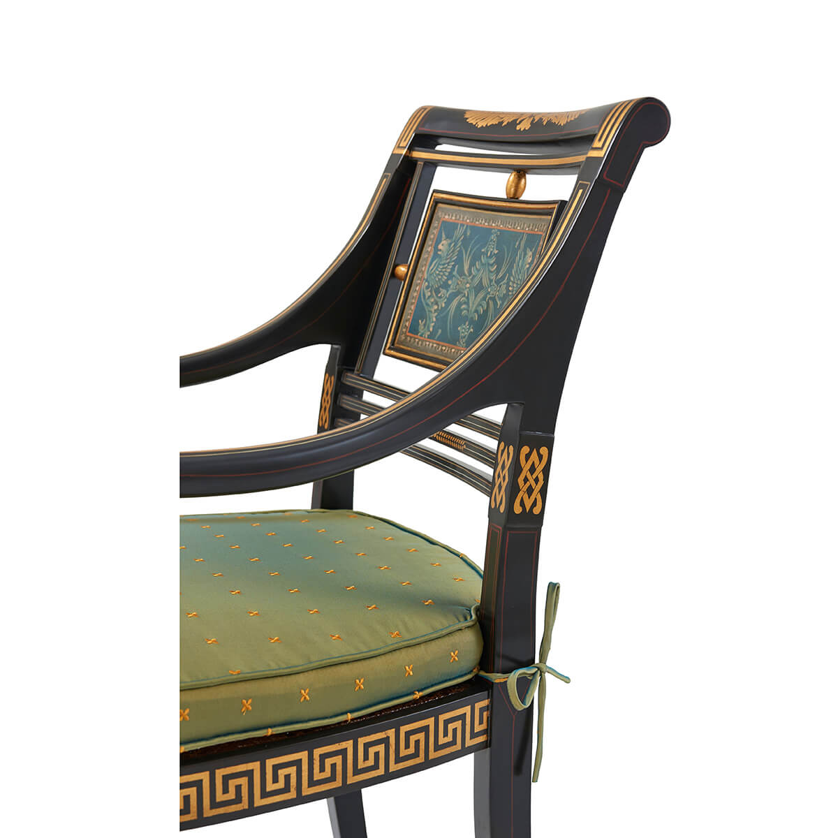 Close-up of armchair backrest and cushion details.