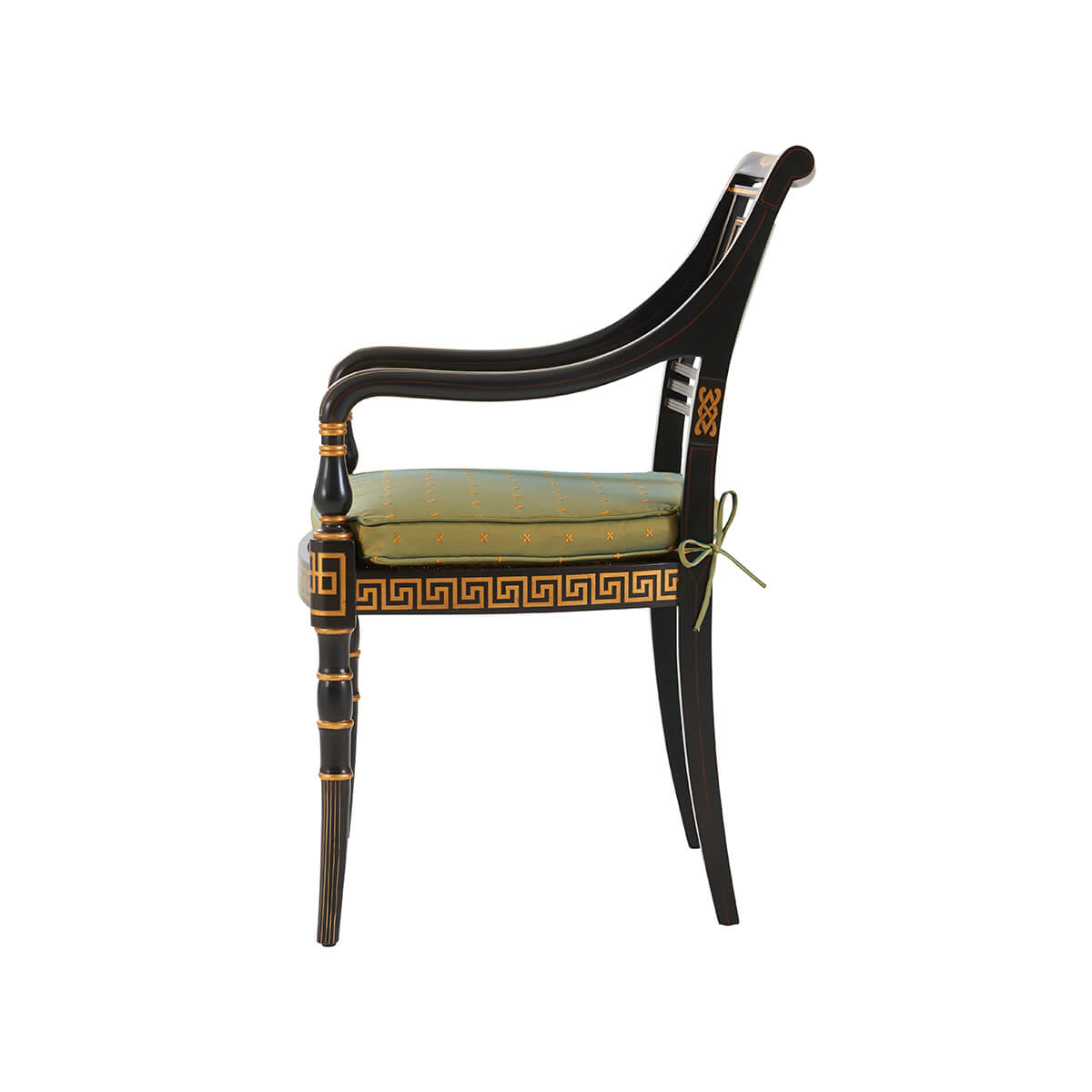 Side view showing armrest and seat of gilt armchair.