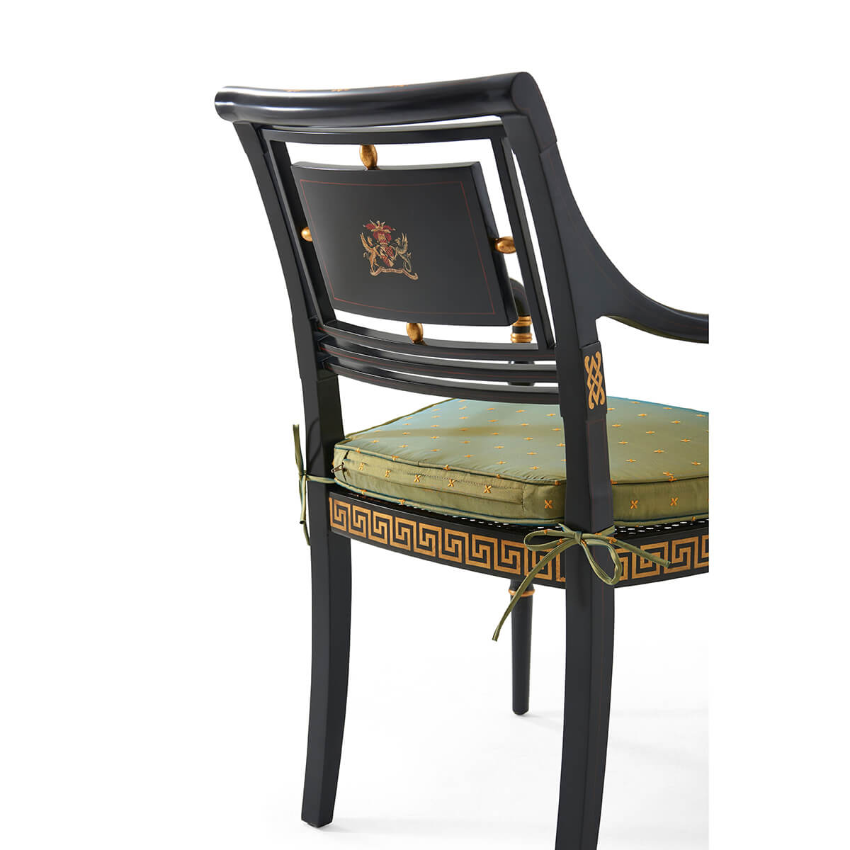 Backside detail of Regency parcel gilt armchair design.