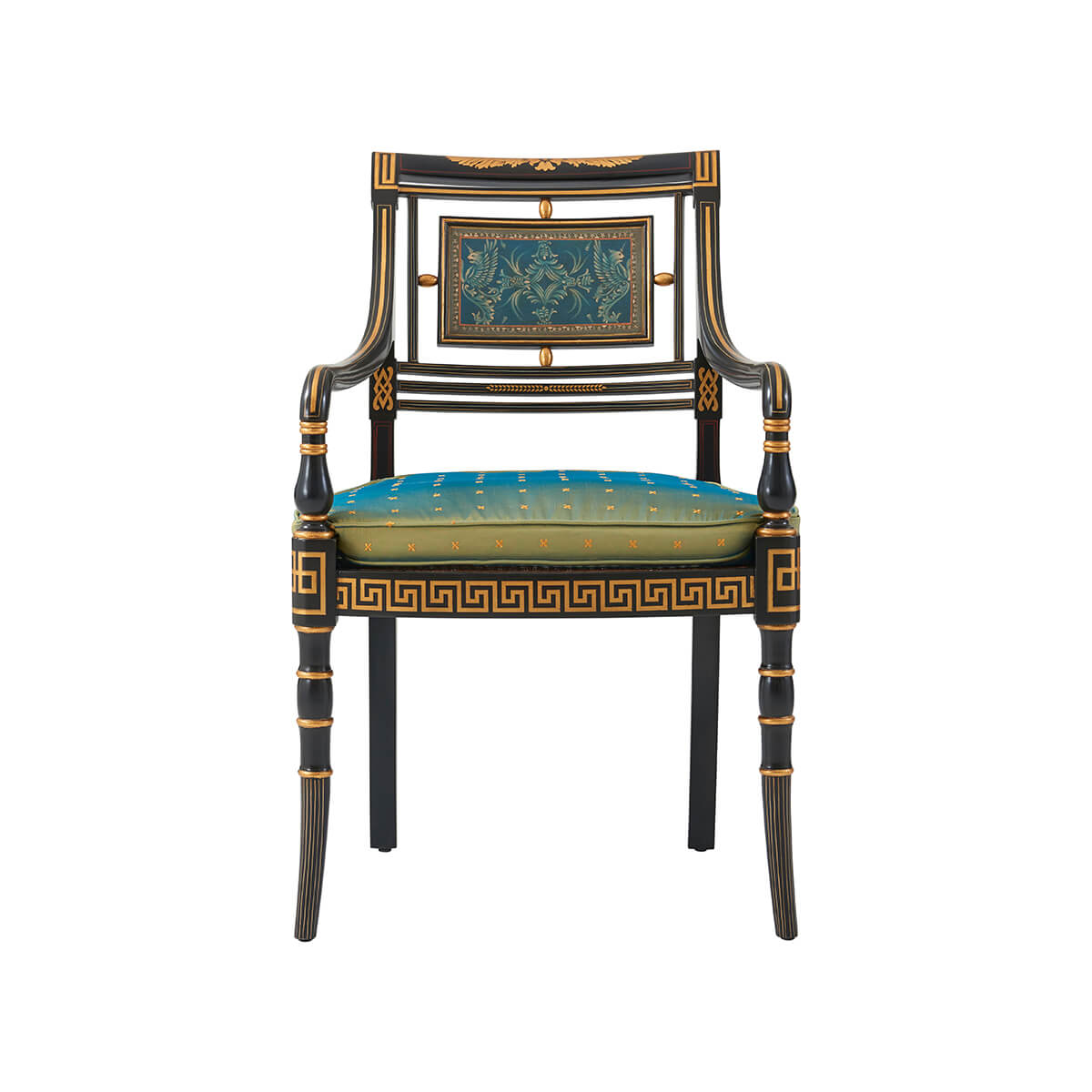 Full front view of Regency parcel gilt armchair.