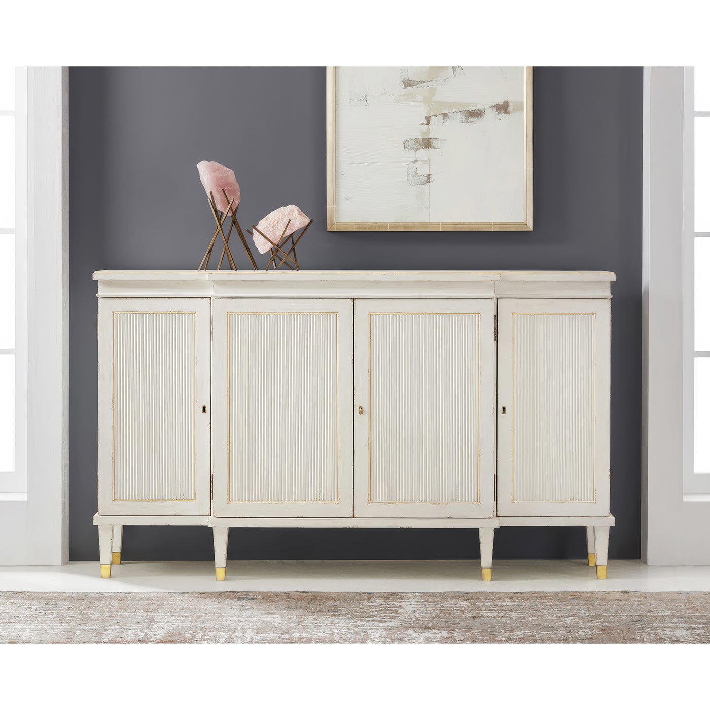 White Regency sideboard in room, walls painted gray, artwork above.