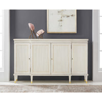 White Regency sideboard in room, walls painted gray, artwork above.