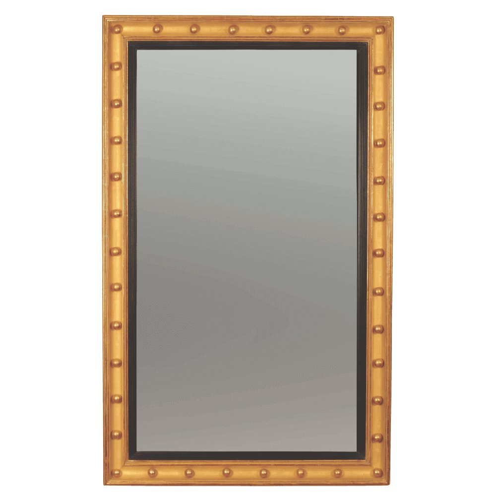 Rectangular mirror with decorative gold frame and ball accents.