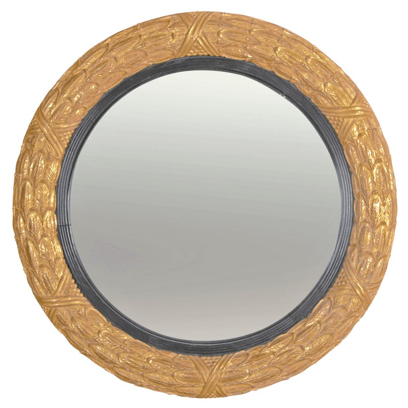 Round convex mirror with laurel leaf detailing.