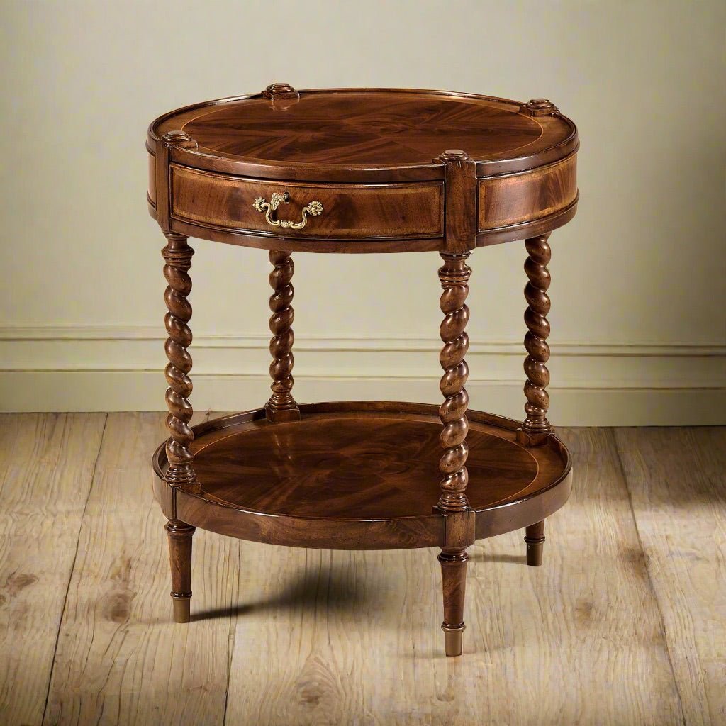 Elegant round side table on wooden floor.