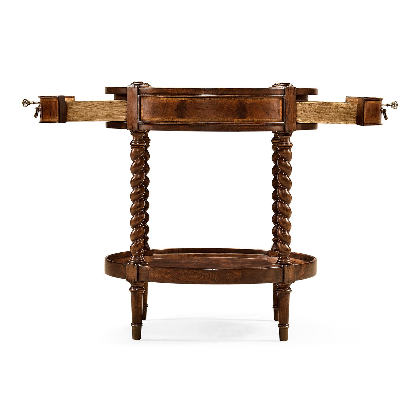 Regency table showing open side drawers, wooden legs.
