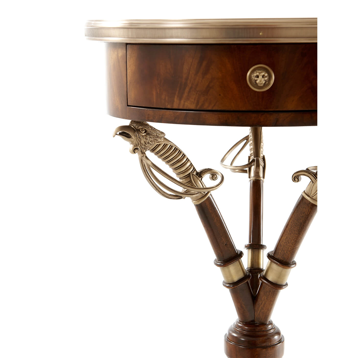 Regency table drawer with detailed sabre handle, close-up view