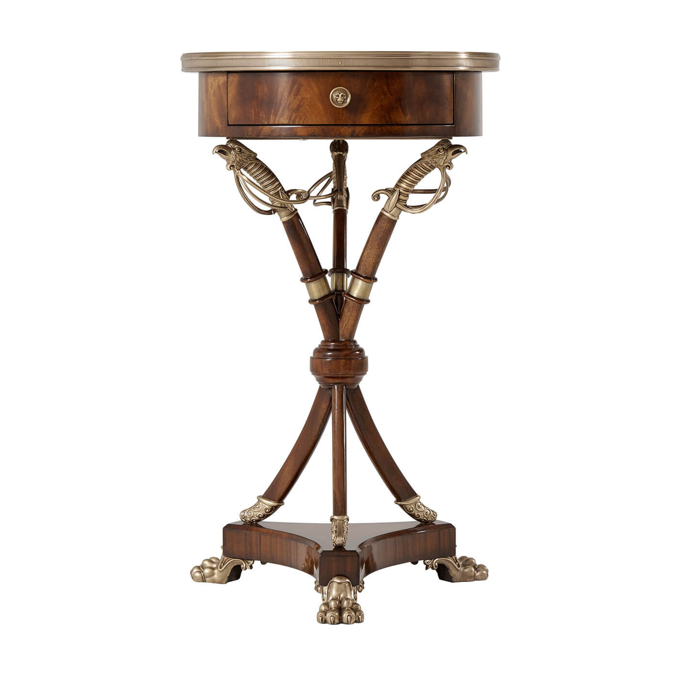 Regency table with ornate sabre legs, drawer closed