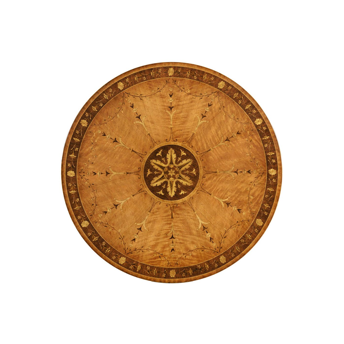 Top view of round satinwood center table, detailed inlay.