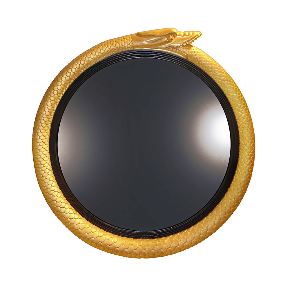 Gold serpent design convex mirror with black center frame.