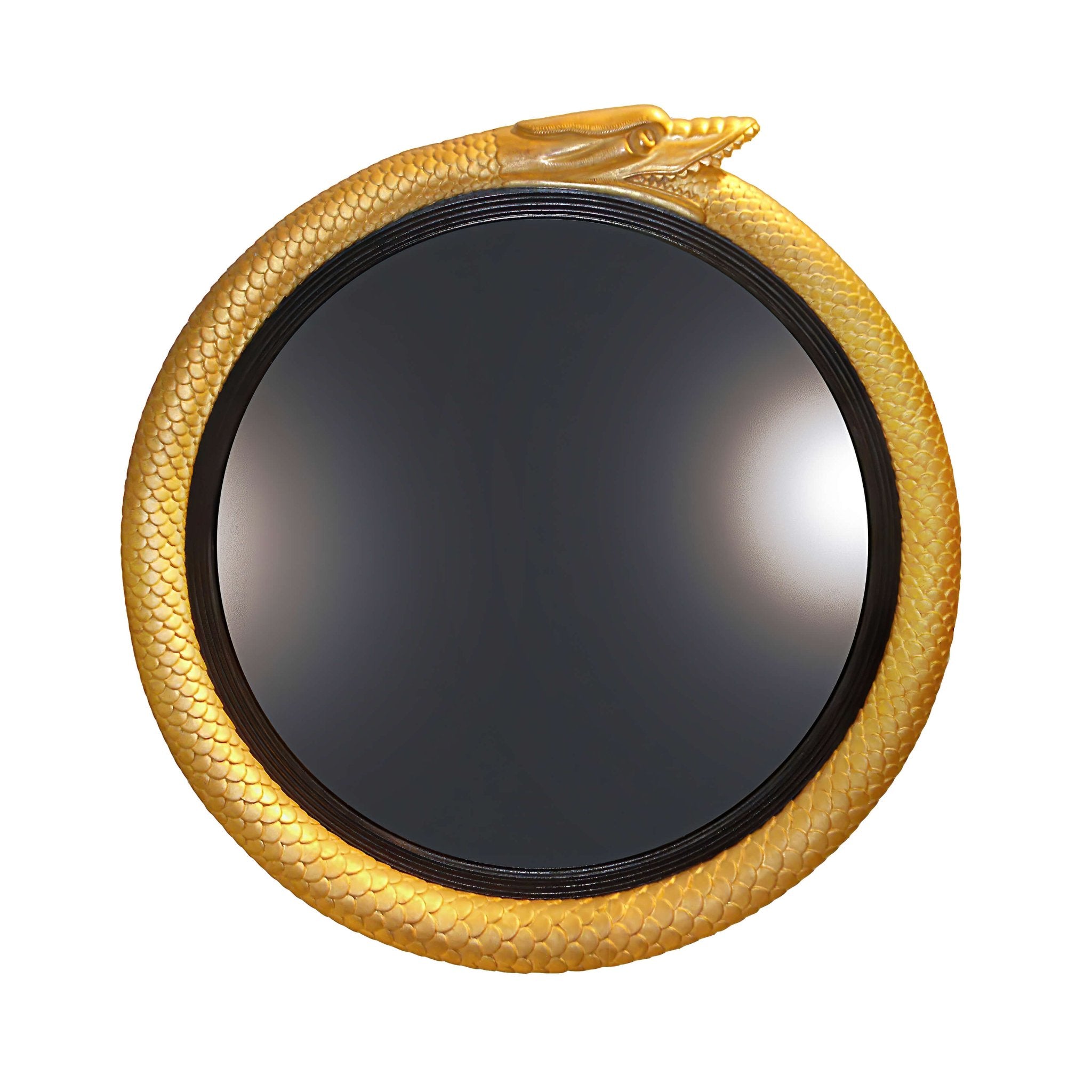 Gold serpent design convex mirror with black center frame.