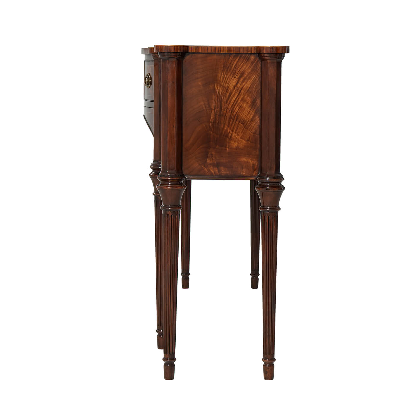 Side view of mahogany sideboard, intricate leg design.