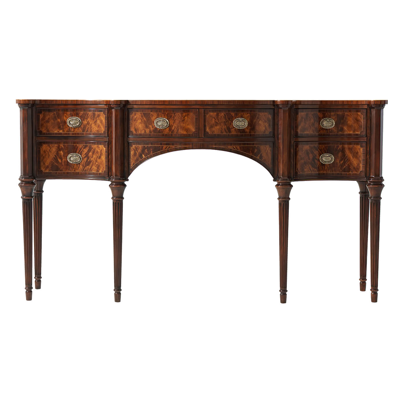 Mahogany sideboard, front close-up, decorative drawers.