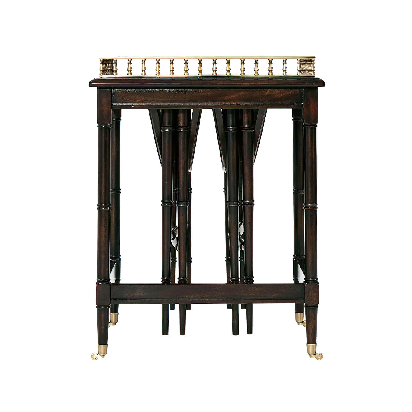 Nested side tables with decorative railing on top.