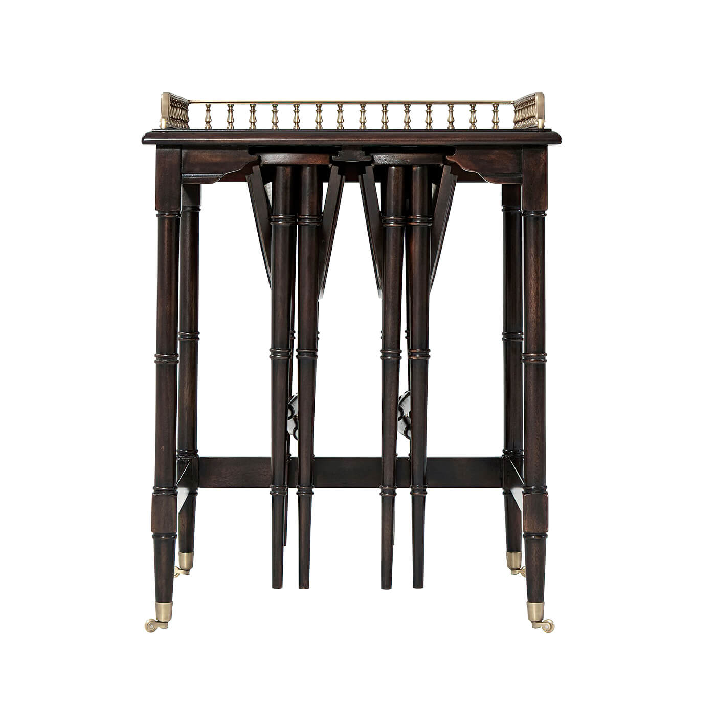 Side tables stacked with focus on ornate railing.