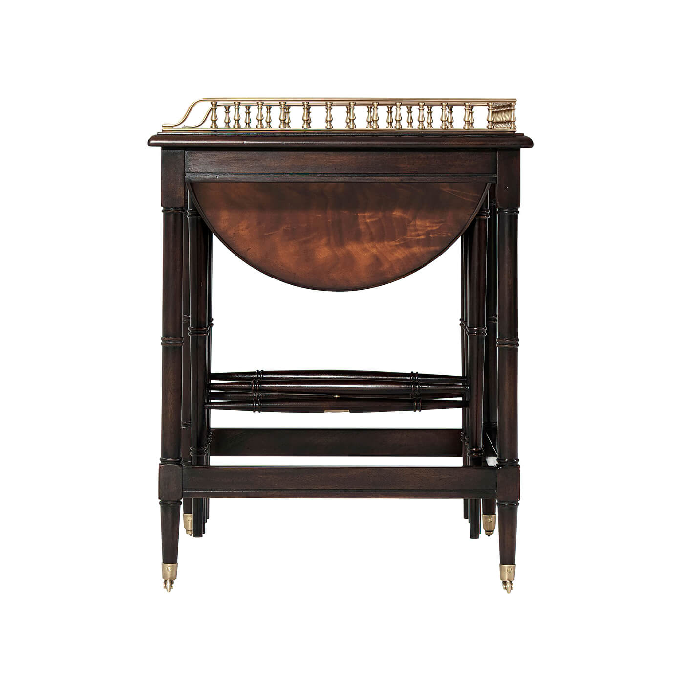 Side view of nested regency tables with round tops.
