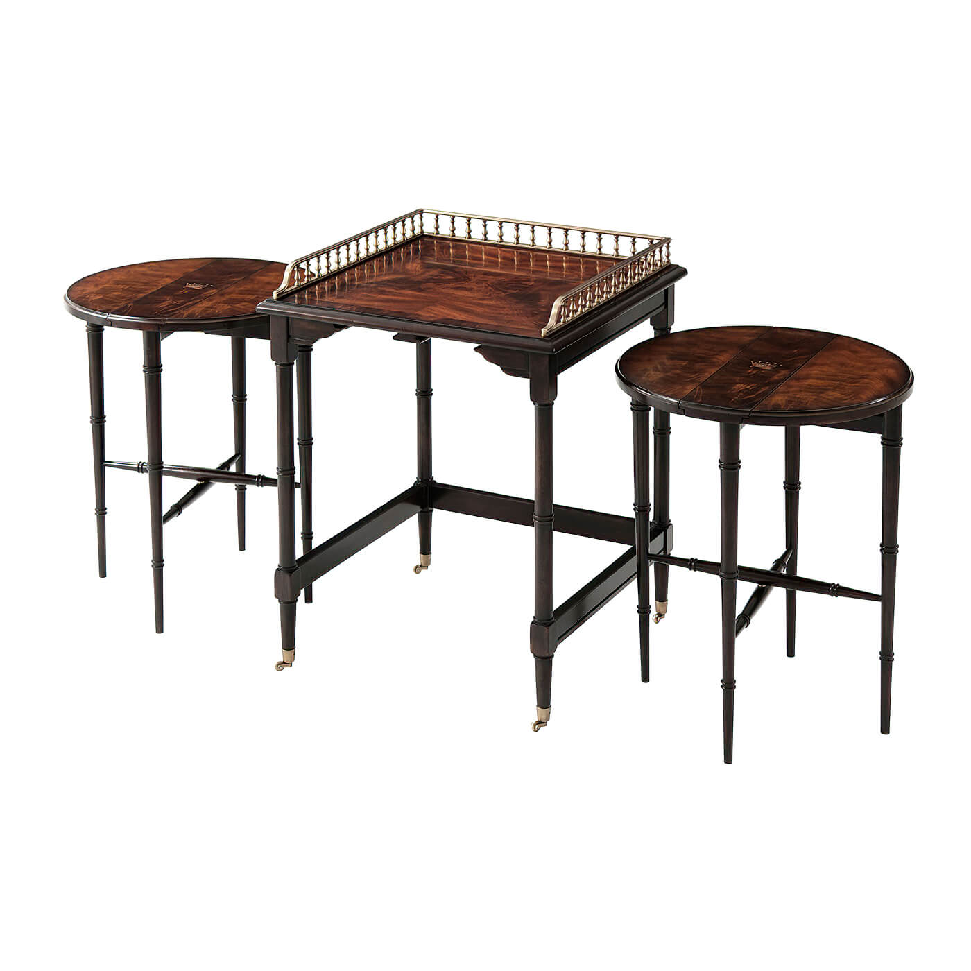 Three regency nesting side tables with ornate railing.