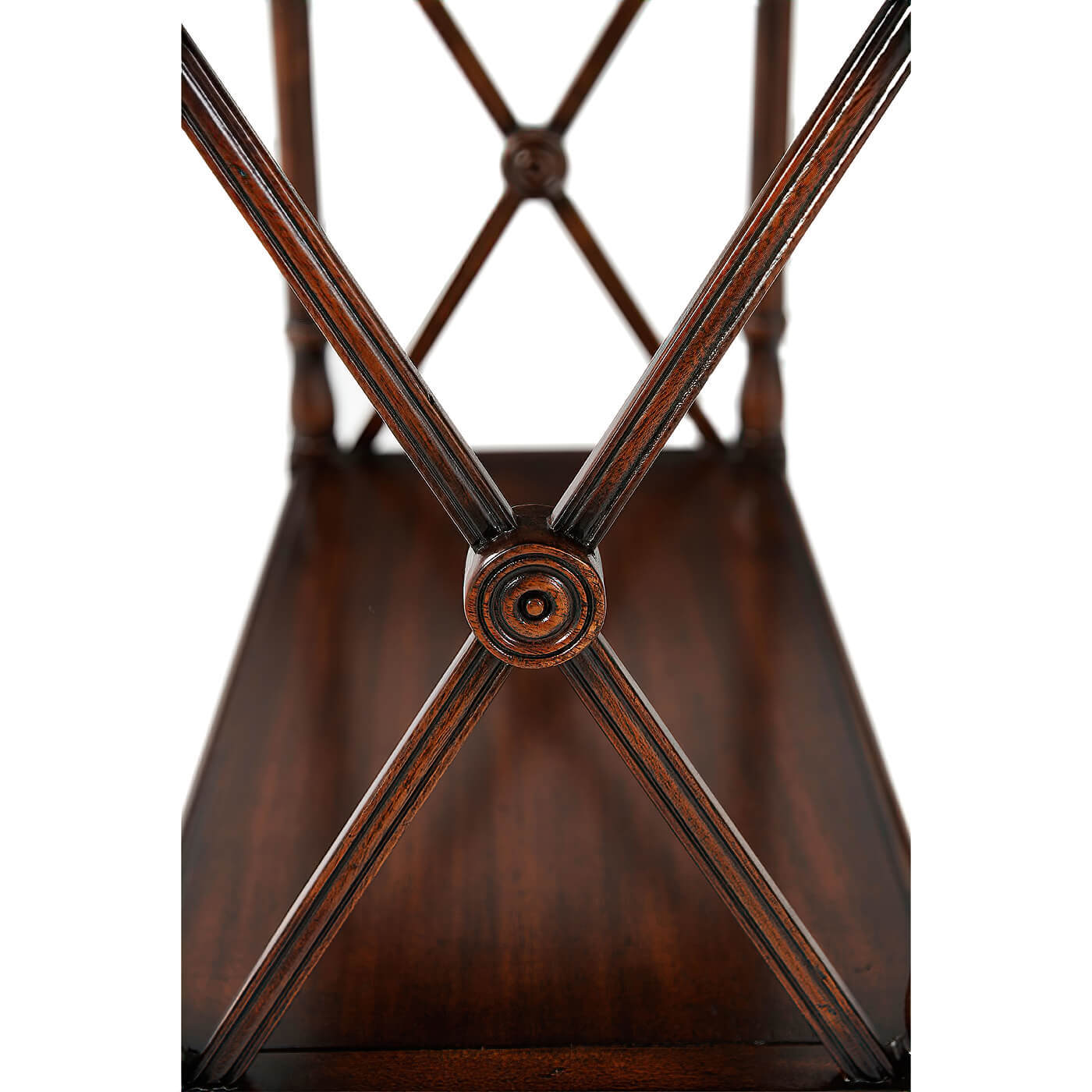 Detail of etagere bookcase wooden cross design.