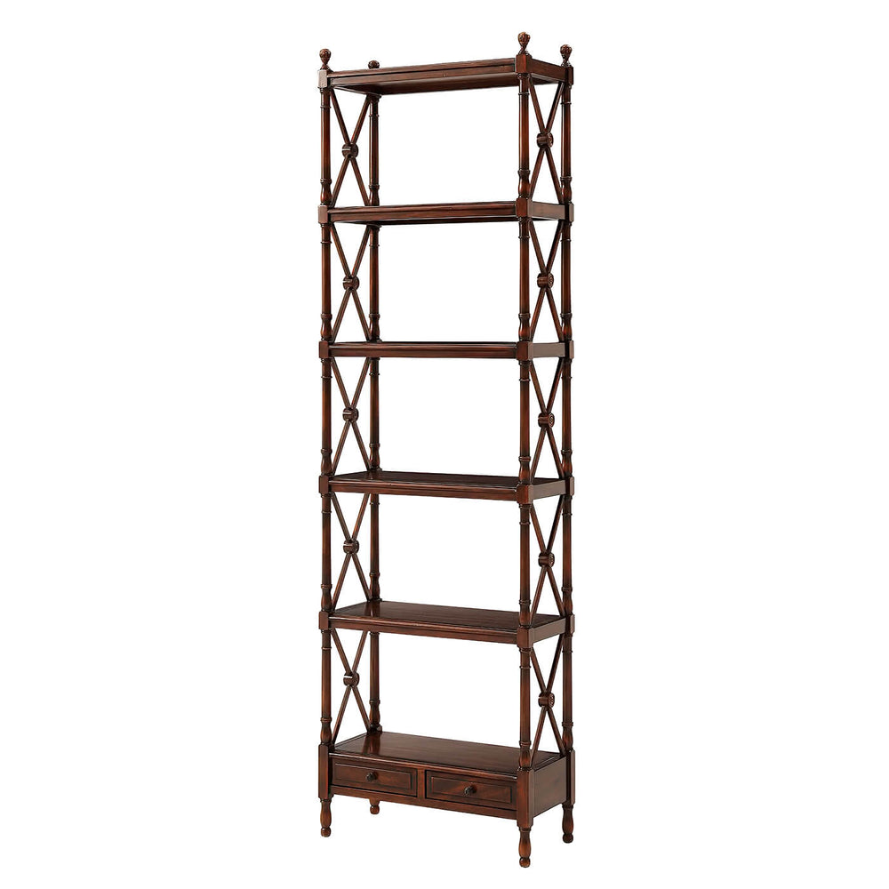 Tall etagere bookcase with six shelves and dark finish.