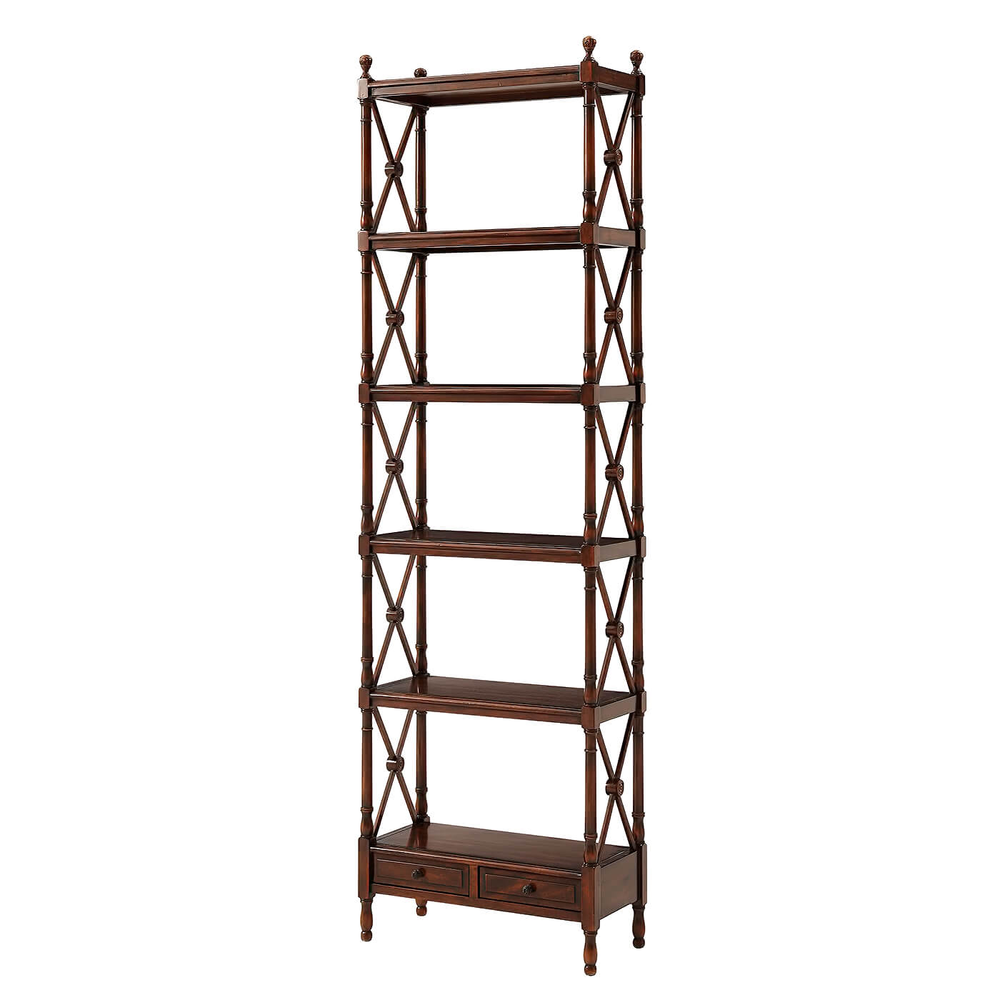 Tall etagere bookcase with six shelves and dark finish.