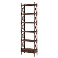 Tall etagere bookcase with six shelves and dark finish.