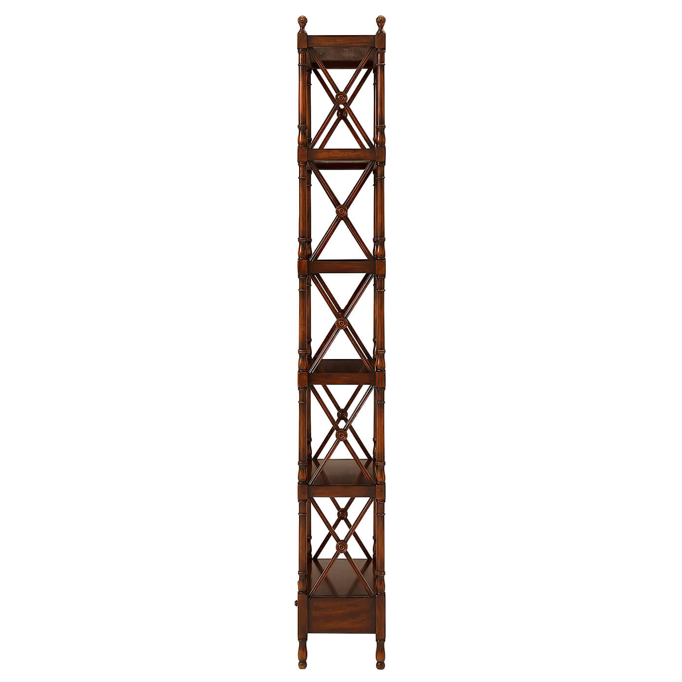 Side view of narrow etagere bookcase with crossed supports.
