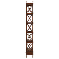 Side view of narrow etagere bookcase with crossed supports.