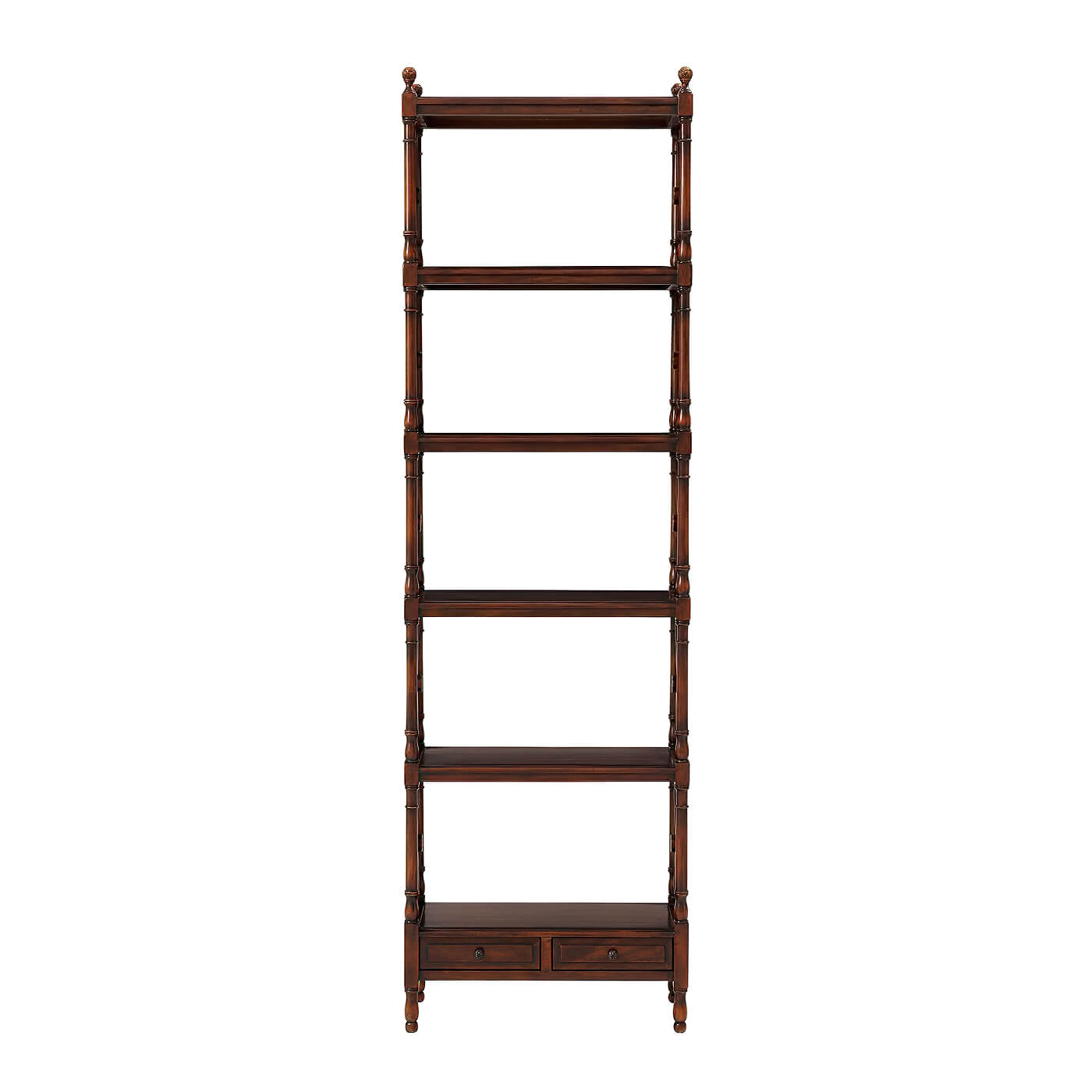 Front view of regency etagere bookcase with multiple shelves.