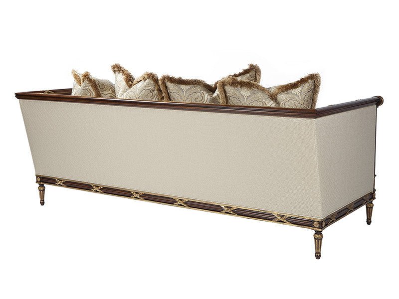 Back view of Regency sofa with plush cushions, elegant design.