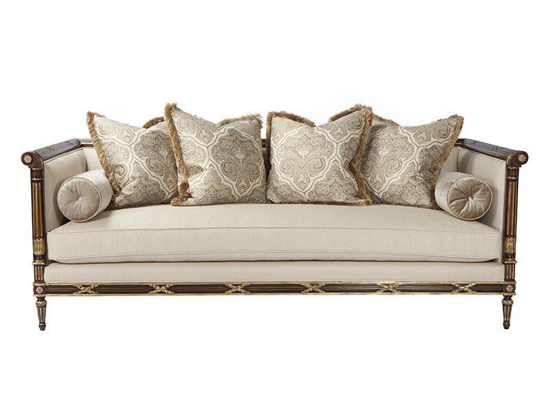 Elegant Regency sofa with decorative cushions, front view.
