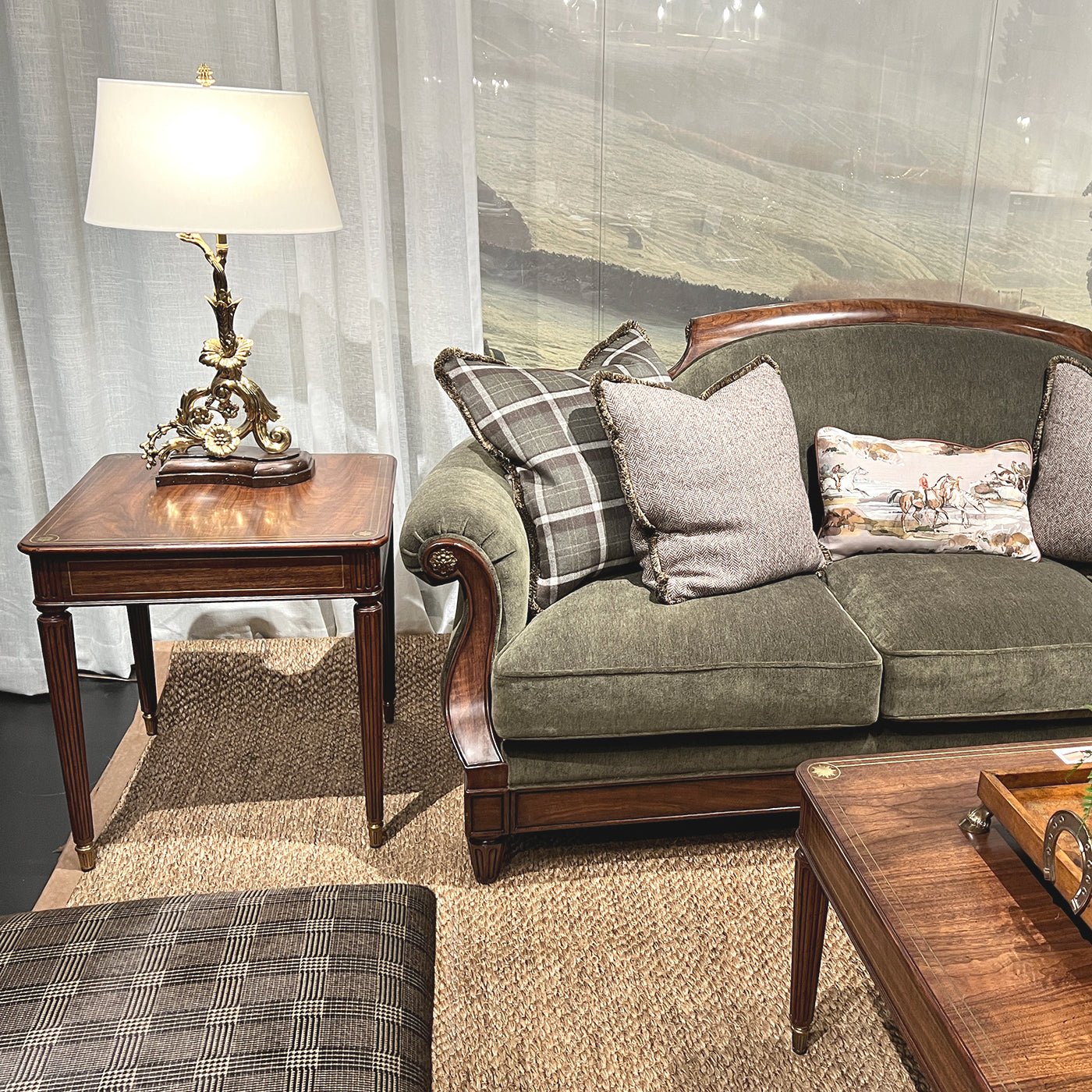Regency Square Side Table, next to sofa, cozy ambiance.