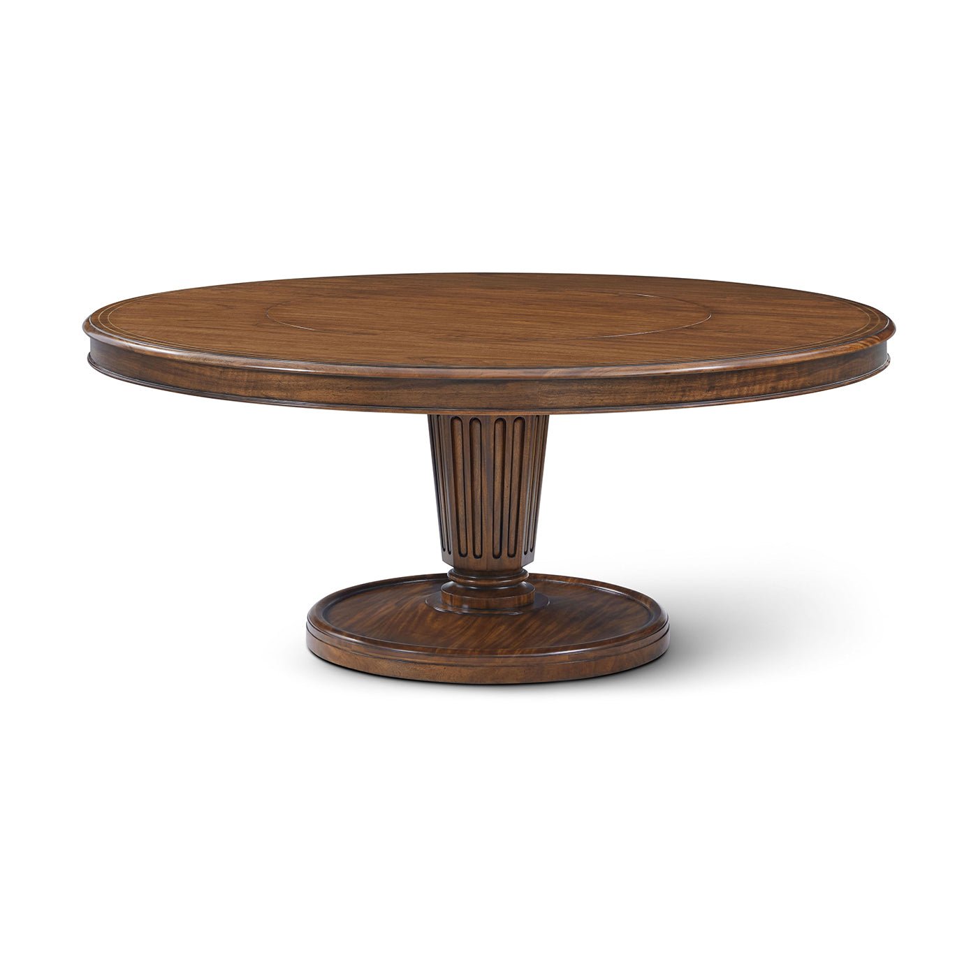 Round dining table with pedestal base, side view.