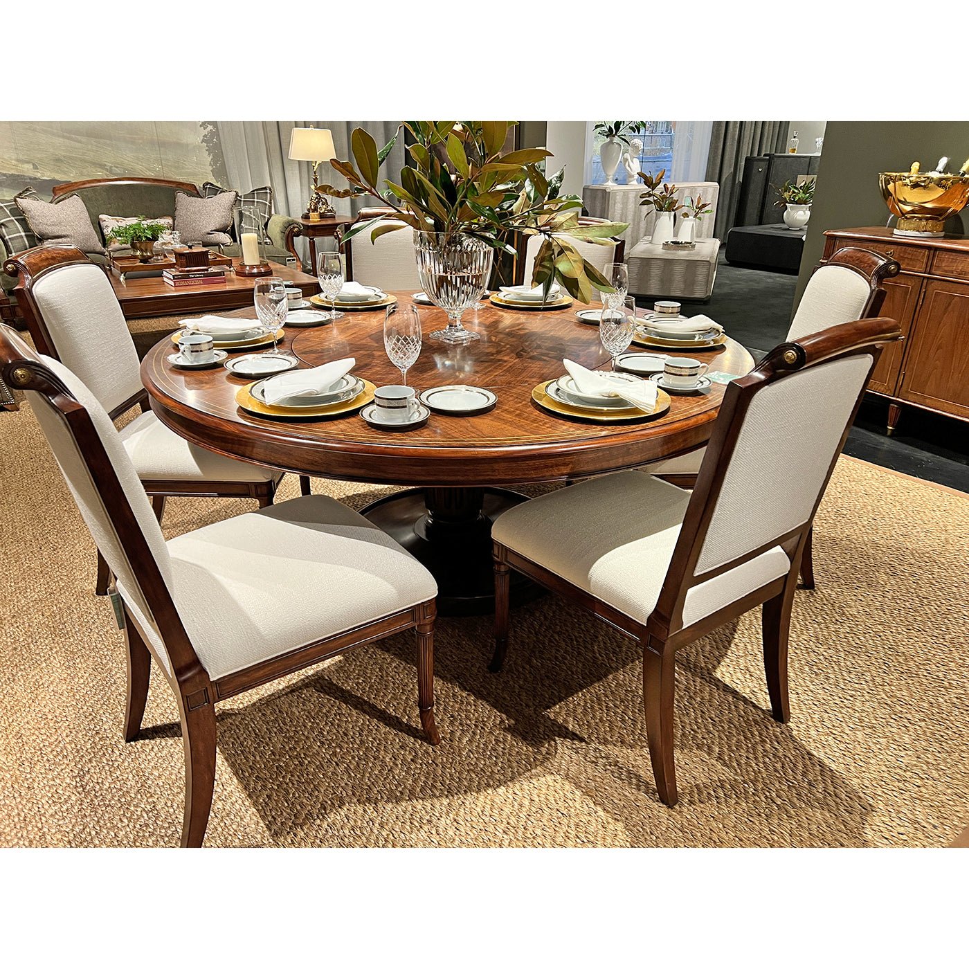 Dining table set for six, overhead view.