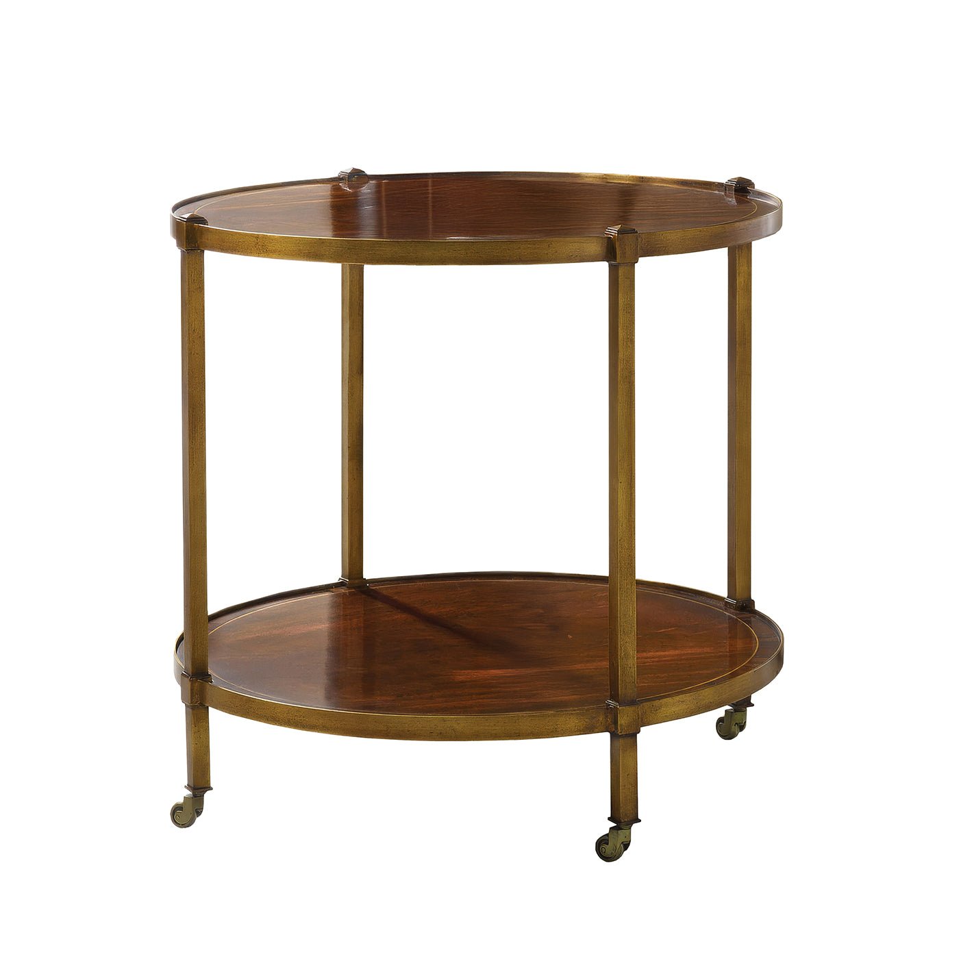 Regency style brass end table on wheels, side view.