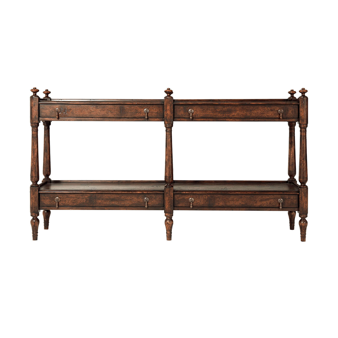 Regency style antiqued console table, straight front view.