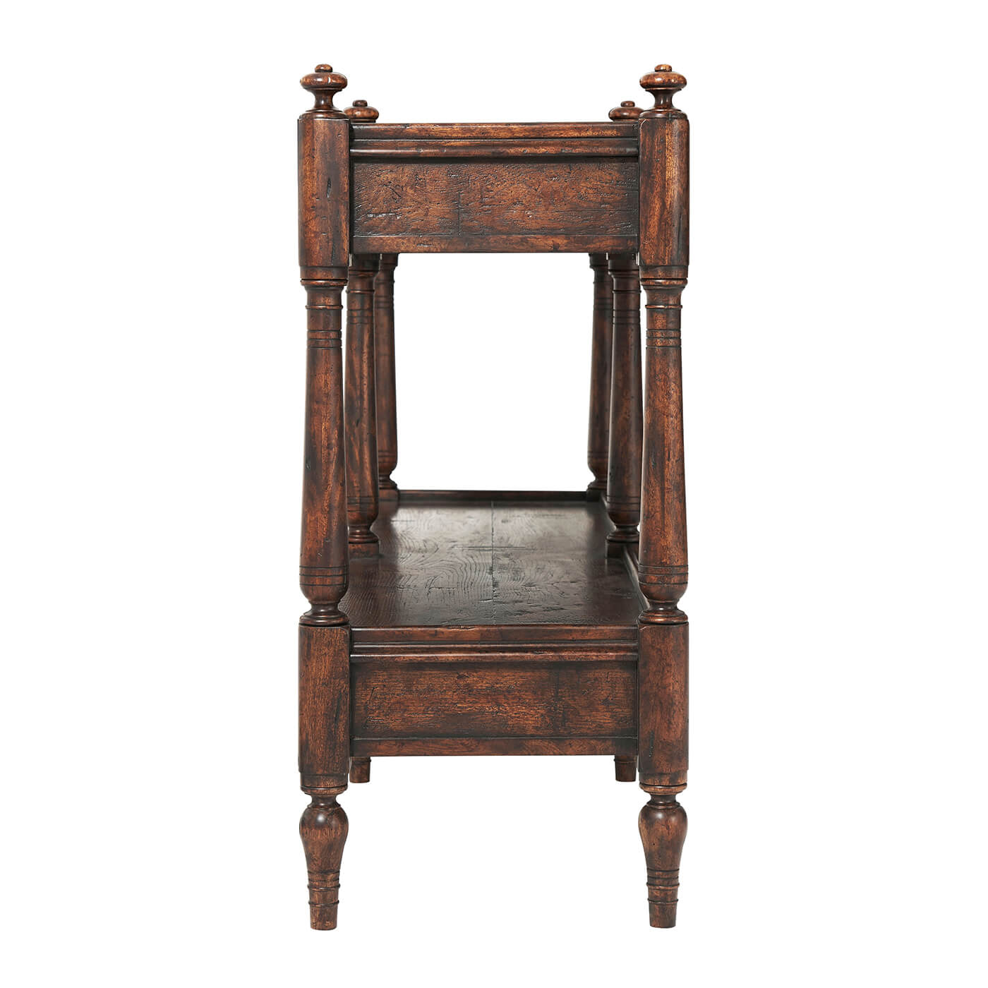 Regency style antiqued console table, side profile view.