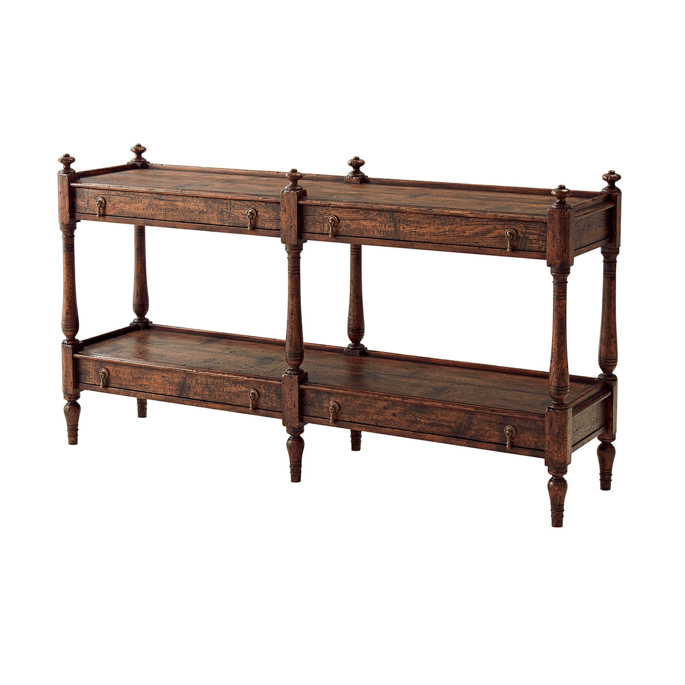 Regency style antiqued console table, angled front view.