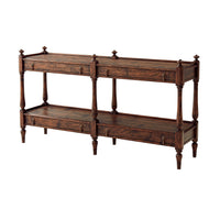Regency style antiqued console table, angled front view.