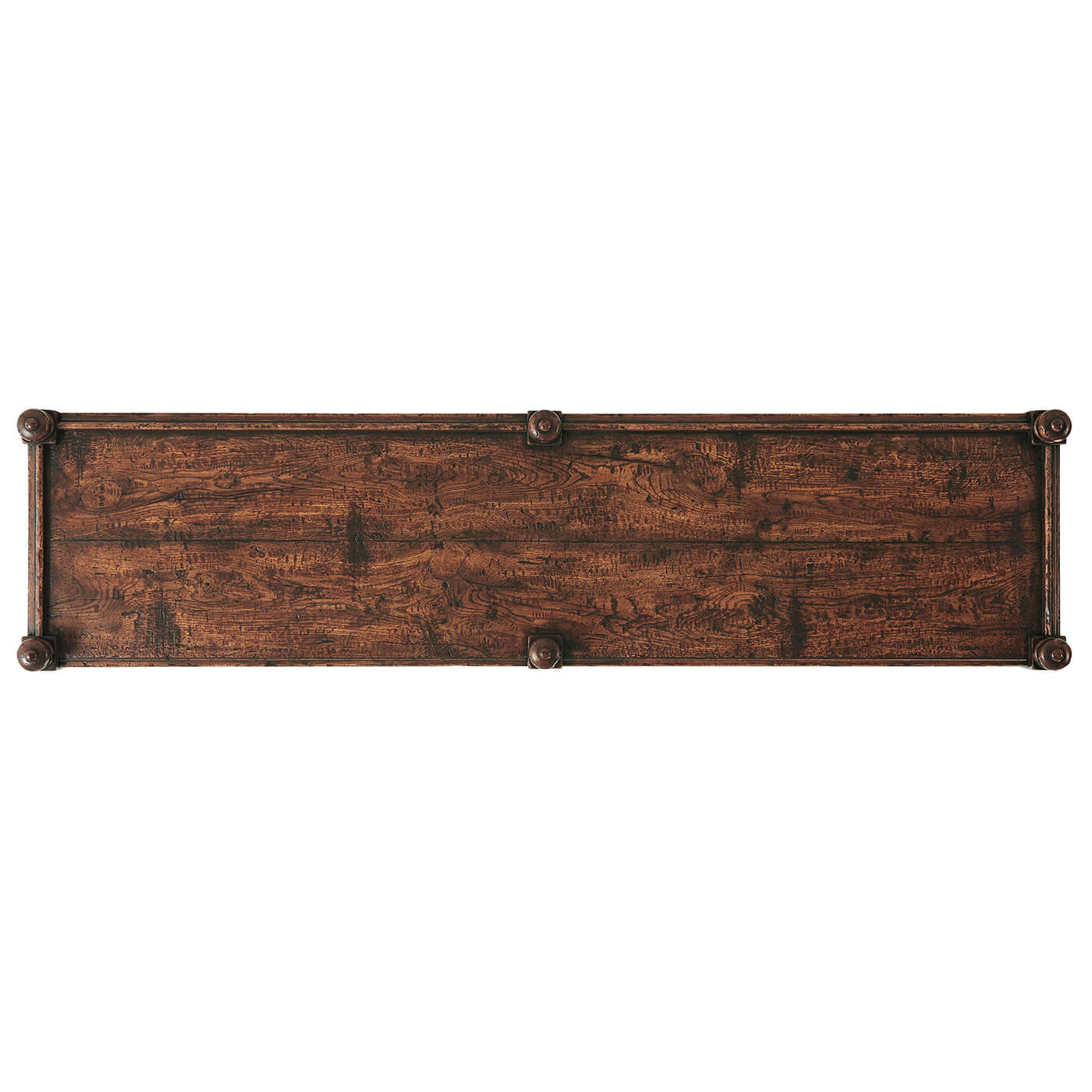 Regency style antiqued console table, top view.