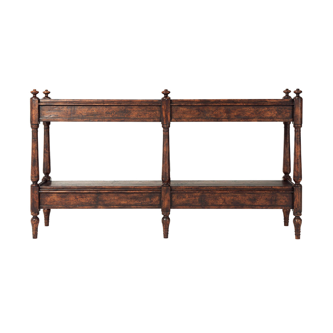 Regency style antiqued console table, back view.