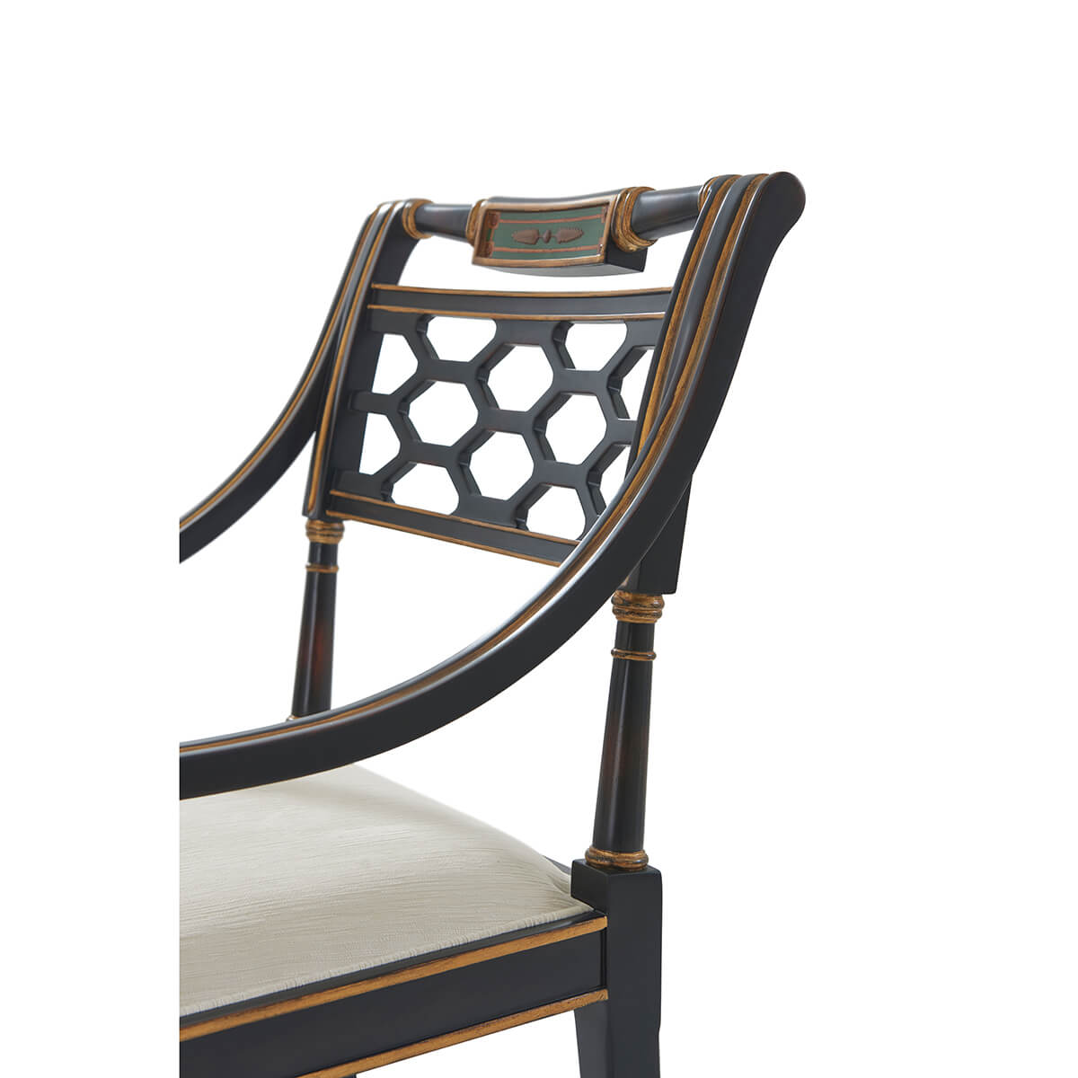 Regency style armchair, close-up of backrest, intricate woodwork.