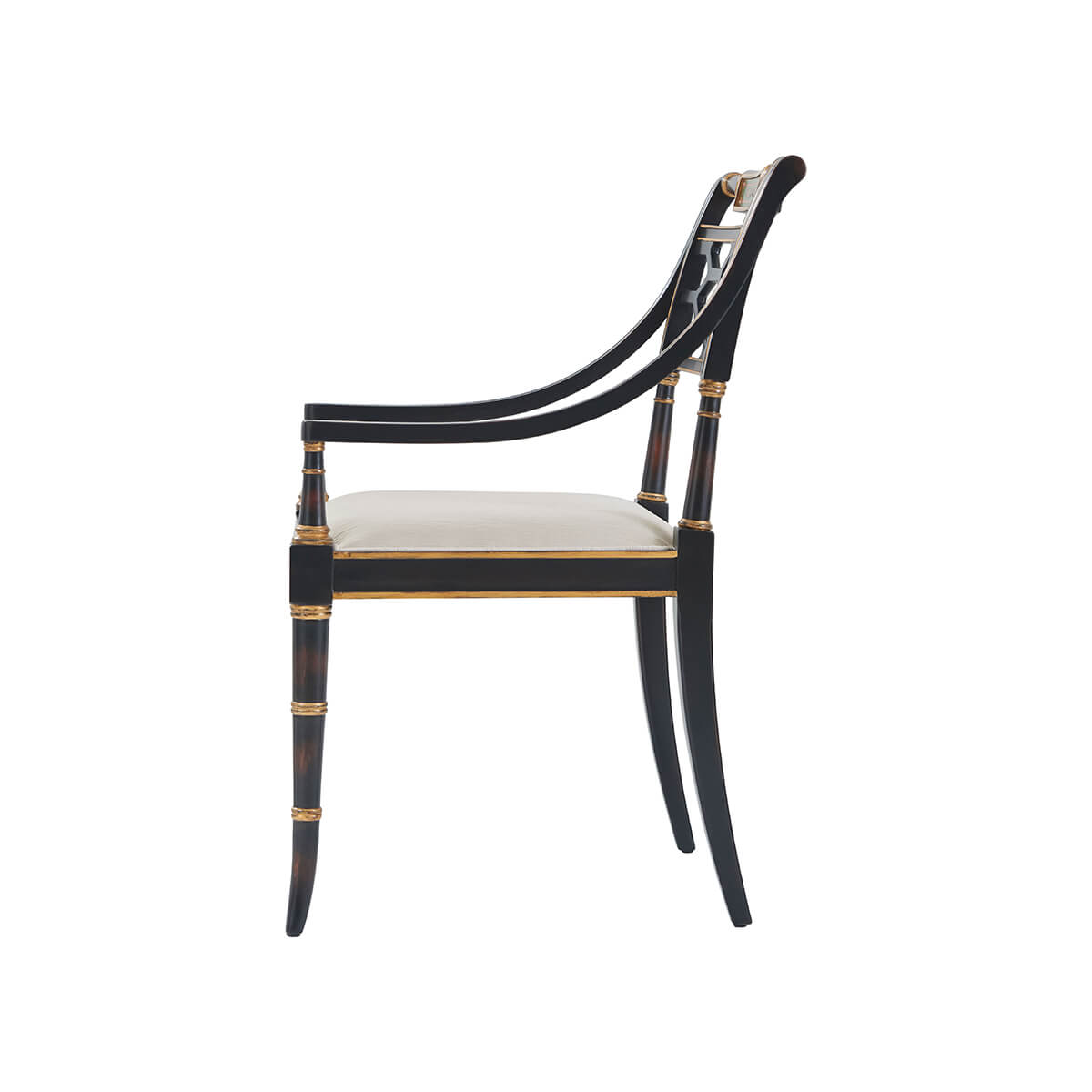 Regency style armchair, side view, curved armrests.