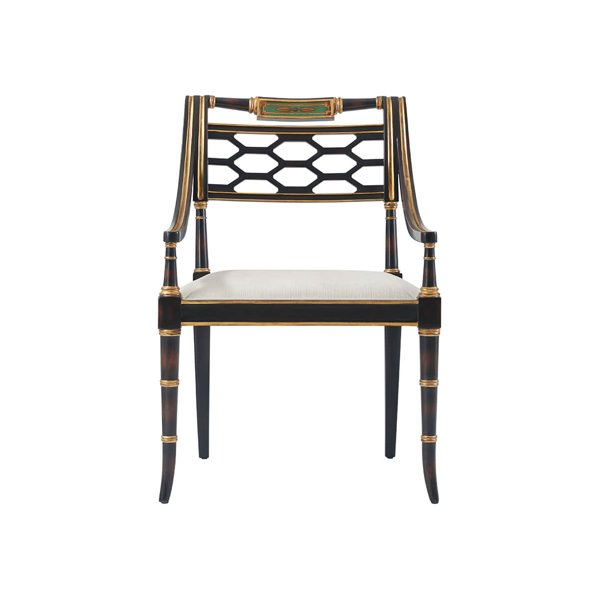 Regency style armchair, front view, honeycomb backrest detail.